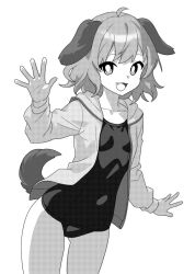 Rule 34 | 1girl, animal ears, collarbone, cowboy shot, dog ears, dog tail, fang, greyscale, jacket, kasodani kyouko, long sleeves, monochrome, one-piece swimsuit, onkn sxkn, open clothes, open jacket, open mouth, short hair, simple background, smile, solo, swimsuit, tail, touhou, white background