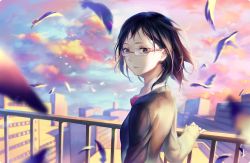 Rule 34 | 1girl, bird, black hair, building, colorful, day, formal, light smile, looking back, nose, outdoors, railing, sky, solo, starbottle, suit