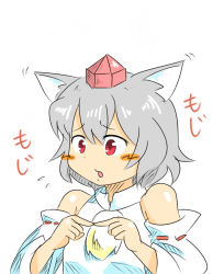Rule 34 | 1girl, animal ears, bare shoulders, blush, blush stickers, detached sleeves, embarrassed, hat, inubashiri momiji, kieeyo, open mouth, pom pom (clothes), red eyes, short hair, silver hair, simple background, solo, tokin hat, touhou, white background, wolf ears