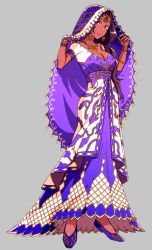 Rule 34 | 1girl, breasts, brown eyes, brown hair, character request, cleavage, dark skin, dark-skinned female, dress, earrings, fate/grand order, fate (series), flats, full body, highres, jewelry, medium breasts, necklace, purple dress, ring, rokkotsu, shawl, solo, tiara, traditional clothes