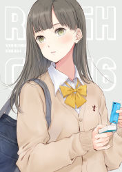 Rule 34 | 1girl, text background, bag, black hair, blunt bangs, blush, bow, bowtie, brown jacket, cardigan, collared shirt, fujita hidetoshi, green eyes, holding, jacket, long hair, long sleeves, looking at viewer, open mouth, original, over shoulder, school bag, school uniform, shirt, sleeves past wrists, solo, straight hair, tareme, two-handed, upper body, wing collar, yellow bow, yellow bowtie