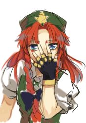 Rule 34 | 1girl, beret, blue eyes, braid, covering face, female focus, fingerless gloves, gloves, hand on own face, hat, hong meiling, jojo no kimyou na bouken, jojo pose, looking at viewer, nail polish, parody, peninsula (disappearedstump), red hair, side braid, solo, touhou, white background