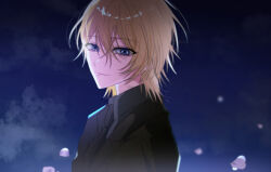 Rule 34 | 1boy, artist name, black jacket, black necktie, blonde hair, blue eyes, closed mouth, collared shirt, commentary request, ddu 45, falling petals, grey shirt, hair between eyes, highres, jacket, kamiki hikaru, korean commentary, looking at viewer, male focus, necktie, night, night sky, oshi no ko, outdoors, petals, shirt, short hair, sky, solo, star-shaped pupils, star (symbol), symbol-shaped pupils, upper body