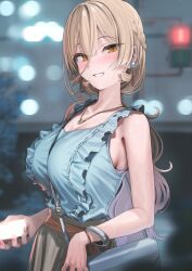 Rule 34 | 1girl, bag, bare shoulders, blue shirt, blush, bracelet, breasts, cellphone, cleavage, collarbone, earrings, frills, grey skirt, grin, hair between eyes, highres, jewelry, kanzarin, large breasts, light brown hair, long hair, looking at viewer, low ponytail, necklace, nijisanji, nui sociere, phone, shirt, shoulder bag, skirt, sleeveless, sleeveless shirt, smile, solo, virtual youtuber, yellow eyes