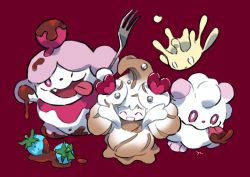 Rule 34 | 0 0, alcremie, berry, chocolate, closed mouth, commentary request, creatures (company), evolutionary line, fang, fork, game freak, gen 6 pokemon, gen 8 pokemon, hemhemhoo, highres, holding, holding fork, looking at viewer, milcery, nintendo, one eye closed, open mouth, pokemon, pokemon (creature), red background, simple background, slurpuff, smile, swirlix, tongue, tongue out