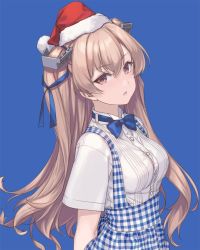 Rule 34 | 1girl, apron, arms behind back, blue background, blue bow, blue bowtie, blue ribbon, bow, bowtie, brown eyes, brown hair, dated, gingham, gingham apron, gingham skirt, hair ribbon, hat, johnston (kancolle), kantai collection, long hair, looking at viewer, parted lips, ribbon, rokuwata tomoe, santa hat, shirt, standing, twintails, twitter username, upper body, white shirt