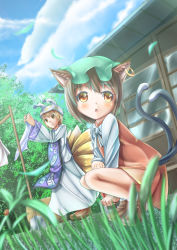 Rule 34 | 2girls, :o, animal ears, animal hat, architecture, blonde hair, blue sky, blurry, blush, bow, brown hair, bug, cat ears, cat tail, chen, cloud, day, depth of field, dutch angle, earrings, east asian architecture, fox tail, grass, hat, hat with ears, highres, insect, jewelry, kirimori toya, ladybug, long sleeves, looking away, mob cap, multiple girls, multiple tails, outdoors, mob cap, shoes, short hair, single earring, skirt, skirt set, sky, squatting, tabard, tail, touhou, tree, yakumo ran, yellow eyes