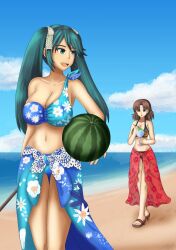Rule 34 | 2girls, alternate costume, beach, bikini, breasts, brown hair, chibiosaka, chiyoda (kancolle), cloud, cloudy sky, floral print, food, footprints, fruit, green eyes, green hair, headband, highres, holding, holding food, isuzu (kancolle), kantai collection, large breasts, looking to the side, multiple girls, ocean, sand, sandals, sash, shaved ice, sky, smile, stick, swimsuit, walking, watermelon