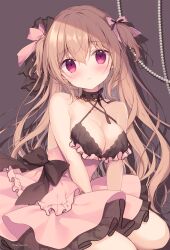 Rule 34 | 1girl, bare shoulders, blush, bow, breasts, brown hair, cleavage, collarbone, commentary request, criss-cross halter, dress, hair between eyes, hair bow, halterneck, highres, large breasts, long hair, looking at viewer, miyasaka miyu, original, parted lips, pink bow, pink dress, pleated dress, red eyes, solo, two side up, very long hair