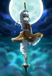 Rule 34 | 1girl, aipe, arms up, black hair, boots, clothes around waist, cloud, fighting stance, full moon, highres, holding, holding sword, holding weapon, kingdom (series), kyoukai (kingdom), long hair, looking at viewer, moon, pants, ponytail, reverse trap, serious, sky, solo, standing, standing on object, standing on one leg, sword, sword hilt, turtleneck, unsheathed, weapon