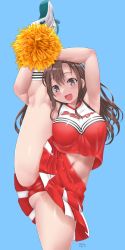Rule 34 | 1girl, :d, arm up, armpits, breasts, brown eyes, brown hair, cameltoe, cheerleader, clothes writing, crop top, crop top overhang, dd (ijigendd), flexible, full body, highres, holding, holding pom poms, leg lift, leg up, long hair, looking at viewer, midriff, miniskirt, navel, open mouth, original, panties, pleated skirt, pom pom (cheerleading), pom poms, red panties, shirt, shoes, skirt, sleeveless, sleeveless shirt, smile, sneakers, solo, split, standing, standing on one leg, standing split, underwear