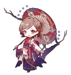 Rule 34 | 1girl, blue skirt, branch, brown eyes, brown hair, chibi, commentary, floral print, flower, full body, hair flower, hair ornament, holding, holding umbrella, japanese clothes, kimono, long skirt, looking at viewer, mamenomoto, meiko (vocaloid), obi, oil-paper umbrella, open mouth, pleated skirt, red flower, sandals, sash, skirt, smile, solo, standing, tree, umbrella, vocaloid, white background, white kimono, wide sleeves, zouri