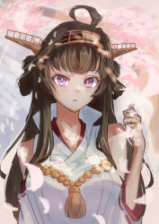 Rule 34 | 1girl, ahoge, brown hair, commentary request, detached sleeves, double bun, hair bun, hairband, headgear, highres, japanese clothes, jewelry, kantai collection, kongou (kancolle), kongou kai ni (kancolle), long hair, looking at viewer, panda (heart sink), popped collar, purple eyes, ribbon-trimmed sleeves, ribbon trim, ring, solo, upper body, wedding band