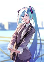 Rule 34 | 1girl, :d, black necktie, black skirt, blue eyes, blue hair, city, collared shirt, commentary request, grey jacket, hatsune miku, highres, jacket, jiu ye sang, long hair, long sleeves, looking at viewer, necktie, ocean, open mouth, photo-referenced, railing, shirt, sidelocks, skirt, smile, solo, stretching, twintails, very long hair, vocaloid