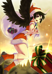 Rule 34 | 1girl, bell, neck bell, black hair, black wings, boots, box, collar, gift, gift box, hat, highres, nuqura, outstretched hand, pointy ears, red eyes, sack, santa boots, santa costume, santa hat, shameimaru aya, short hair, solo, touhou, wings