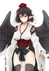 Rule 34 | 1girl, absurdres, black hair, black thighhighs, black wings, commentary, cowboy shot, feathered wings, groin, hair between eyes, hat, highres, japanese clothes, kimono, kourindou tengu costume, long sleeves, looking at viewer, no panties, obi, pelvic curtain, pointy ears, pom pom (clothes), red eyes, red sash, sash, shameimaru aya, short hair, simple background, solo, standing, tassel, thighhighs, thighs, tk31, tokin hat, touhou, transparent background, white background, white kimono, wide sleeves, wings