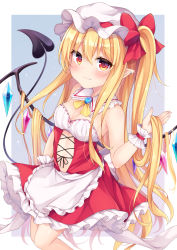 Rule 34 | 1girl, absurdres, adapted costume, bare shoulders, blonde hair, blush, bow, breasts, closed mouth, detached collar, flandre scarlet, hair between eyes, hat, hat bow, highres, laevatein, light smile, long hair, looking at viewer, miy@, mob cap, pointy ears, red bow, red eyes, side ponytail, small breasts, solo, touhou, two-tone background, very long hair, white hat, wings, wrist cuffs