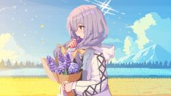 Rule 34 | 1girl, atsuko (blue archive), blue archive, bouquet, braid, day, flower, from side, halo, highres, holding, holding bouquet, hood, hood down, hooded jacket, jacket, long hair, long sleeves, open mouth, outdoors, pixel art, purple flower, purple hair, red eyes, solo, tinia etru, twin braids, upper body, white jacket