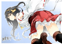 Rule 34 | 10s, 1girl, asakura ryousuke, bare shoulders, black hair, detached sleeves, hairband, haruna (kancolle), japanese clothes, kantai collection, long hair, nontraditional miko, pleated skirt, ribbon-trimmed sleeves, ribbon trim, signature, skirt, solo