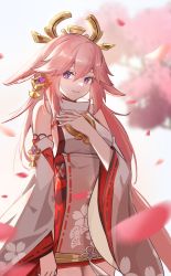 Rule 34 | 1girl, animal ears, arm at side, backlighting, bare legs, bare shoulders, blurry, blurry background, breasts, cherry blossoms, cowboy shot, day, detached sleeves, earrings, floppy ears, floral print, fox ears, genshin impact, hair between eyes, hair ornament, hakama, hand on own chest, head tilt, heart, heart-shaped pupils, highres, japanese clothes, jewelry, long hair, looking at viewer, low-tied long hair, medium breasts, nontraditional miko, obiage, outdoors, parted lips, pendant, petals, pink hair, purple eyes, purple pupils, red skirt, ribbon-trimmed sleeves, ribbon trim, shiqi tokii, shirt, skirt, sky, sleeveless, sleeveless shirt, smile, solo, symbol-shaped pupils, turtleneck, vision (genshin impact), white background, white shirt, white sky, white sleeves, wide sleeves, wind, yae miko
