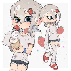 Rule 34 | 1girl, black shorts, blue eyes, blue wristband, blush, commentary request, commission, cupcake, eyelashes, food, fork, fruit, full body, grey hair, hair between eyes, hg swdiary, highres, holding, holding food, holding fork, korean commentary, looking at viewer, medium hair, multiple views, nintendo, octoling girl, octoling player character, off-shoulder shirt, off shoulder, parted lips, red footwear, shirt, short shorts, shorts, simple background, sleeves past fingers, sleeves past wrists, slippers, splatoon (series), splatoon 3, standing, standing on one leg, strawberry, tentacle hair, thighhighs, third-party source, white background, white thighhighs, white trim