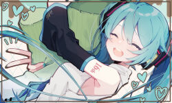 Rule 34 | 1girl, :d, aqua hair, aqua nails, bare shoulders, blush, breasts, chuuko anpu, closed eyes, detached sleeves, facing viewer, hatsune miku, heart, long hair, long sleeves, nail polish, number tattoo, hugging object, open mouth, shirt, shoulder tattoo, sideboob, small breasts, smile, solo, spring onion, tattoo, teeth, twintails, upper teeth only, v, very long hair, vocaloid, white shirt