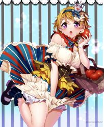Rule 34 | 1girl, alternate costume, apple, basket, bead bracelet, beads, black footwear, blue hairband, bracelet, breasts, brown hair, commentary request, crown, food, fruit, hairband, highres, holding, holding basket, holding food, jewelry, koizumi hanayo, looking at viewer, love live!, love live! school idol project, medium breasts, mini crown, multicolored clothes, multicolored skirt, nakano maru, open mouth, purple eyes, shoes, short hair, skirt, striped clothes, striped skirt, twitter username