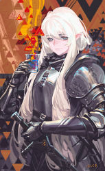 Rule 34 | 1girl, :|, abstract background, alcd, alcohol, armor, artist name, belt buckle, breastplate, buckle, closed mouth, cowboy shot, cup, drink, drinking, eyebrows, fantasy, faulds, gauntlets, grey eyes, grey knight julia, hair between eyes, highres, holding, holding cup, holding sword, holding weapon, long hair, looking at viewer, pauldrons, pixiv fantasia, pixiv fantasia last saga, pointy ears, scabbard, sheath, sheathed, shoulder armor, sidelocks, solo, standing, strap, sword, vambraces, very long hair, weapon, white hair