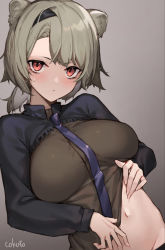 Rule 34 | 1girl, absinthe (arknights), animal ears, arknights, bear ears, bear girl, blush, breasts, cokuto1, hairband, large breasts, long sleeves, looking at viewer, midriff, navel, necktie, red eyes, short hair, simple background, solo, stomach