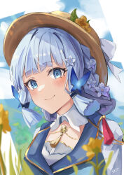Rule 34 | 1girl, absurdres, ayaka (genshin impact), blue eyes, blue hair, blue sky, blunt bangs, blunt tresses, blurry, blush, butterfly hair ornament, closed mouth, cloud, commentary request, depth of field, dress, flower, genshin impact, hair flower, hair ornament, hat, hat flower, highres, kamisato ayaka, kamisato ayaka (springbloom missive), long hair, looking ahead, official alternate costume, outdoors, portrait, sidelocks, signature, sky, smile, solo, tassel, white dress, yellow hat, zino zinuo