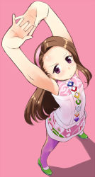 Rule 34 | 1girl, armpits, arms up, bad id, bad pixiv id, blush, brown hair, dress, earrings, ereraero, female focus, from above, frown, hairband, idolmaster, idolmaster (classic), interlocked fingers, jewelry, long hair, looking at viewer, looking up, minase iori, pantyhose, pink background, purple eyes, purple pantyhose, shadow, shoes, simple background, sleeveless, solo, standing