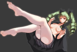 Rule 34 | 10s, 1girl, anchovy (girls und panzer), blush, breasts, brown eyes, drill hair, feet, girls und panzer, green hair, hair ribbon, long hair, looking at viewer, medium breasts, nipples, open clothes, pantyhose, ribbon, see-through, see-through legwear, smile, soles, solo, topless, twin drills, twintails, white pantyhose