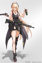 Rule 34 | 1girl, absurdres, alternate costume, artist name, assault rifle, asymmetrical footwear, black dress, black footwear, blonde hair, breasts, character name, cleavage, collarbone, dated, dress, explosive, fangs, full body, girls&#039; frontline, glock, grenade, gun, handgun, headphones, highres, holding, holding gun, holding weapon, jewelry, legs, long hair, looking at viewer, m4 sopmod ii, m4 sopmod ii (girls&#039; frontline), mechanical legs, medallion, medium breasts, multicolored hair, nail polish, necklace, open mouth, pink nails, red eyes, rifle, shadow, single mechanical leg, smile, solo, ss-7, standing, streaked hair, very long hair, weapon, white background