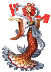 Rule 34 | 1girl, black eyes, dress, fishman island, full body, grey eyes, highres, japanese clothes, kimono, lipstick, makeup, mature female, mermaid, monster girl, obi, one piece, open mouth, otohime (one piece), queen, red hair, sash, solo, standing, suyu38