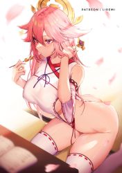 Rule 34 | 1girl, animal ears, ass, bare shoulders, blurry, breasts, cherry blossoms, detached sleeves, earrings, food, fox ears, genshin impact, hair ornament, hand up, highres, holding, japanese clothes, jewelry, large breasts, liremi, long hair, parted lips, pink hair, purple eyes, revealing clothes, seiza, sideboob, sitting, solo, tatami, thighhighs, thighs, tofu, white thighhighs, yae miko