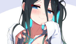 Rule 34 | 1girl, alternate costume, aris (blue archive), black hair, blue archive, blue eyes, blue hair, breasts, closed eyes, highres, leonat, looking at viewer, multicolored hair, nipples, shirt, side ponytail, small breasts, smile, solo, two-tone hair, white background, white shirt