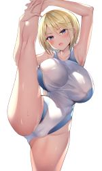 Rule 34 | 1girl, arm behind head, armpits, arms up, bare legs, blonde hair, blue eyes, blush, breasts, cameltoe, cleft of venus, clothing cutout, collarbone, commentary, competition swimsuit, covered erect nipples, covered navel, feet out of frame, groin, highleg, highleg swimsuit, highres, kuwahara hazuki, large breasts, looking at viewer, one-piece swimsuit, open mouth, original, partially visible vulva, sanshoku amido, see-through, shadow, short hair, side cutout, simple background, solo, split, standing, standing on one leg, standing split, swimsuit, thighs, wet, wet clothes, wet swimsuit, white background