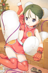 Rule 34 | 1girl, audio jack, belt, blue eyes, breasts, bun cover, cable, cake, christmas, christmas stocking, christmas tree, closed mouth, controller, couch, double bun, dress, food, fork, fugetsu taku, gloves, green hair, hair bun, hand to head, highres, indoors, leaning to the side, listening, original, plate, red gloves, red thighhighs, scanlines, short dress, sleeveless, small breasts, solo, star (symbol), thighhighs