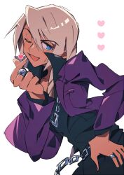 Rule 34 | 1boy, :d, ace attorney, black pants, black shirt, blonde hair, blue eyes, breast pocket, chain, chain necklace, dark-skinned male, dark skin, finger heart, grgrton, hair between eyes, hand on own hip, hand up, heart, jacket, jewelry, klavier gavin, lapels, layered sleeves, long sleeves, looking at viewer, male focus, medium hair, necklace, one eye closed, open collar, open mouth, pants, pocket, popped collar, purple jacket, ring, shirt, simple background, smile, solo, swept bangs, twisted torso, upper body, wallet chain, white background