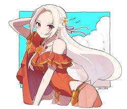 Rule 34 | 1girl, blush, cape, commentary request, edelgard von hresvelg, edelgard von hresvelg (summer), fire emblem, fire emblem: three houses, fire emblem heroes, floating hair, flower, forehead, hair flower, hair ornament, hair ribbon, jewelry, long hair, looking at viewer, necklace, nintendo, official alternate costume, one-piece swimsuit, palmijano, purple eyes, purple ribbon, red cape, red one-piece swimsuit, ribbon, solo, swimsuit, white flower, white hair