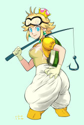 Rule 34 | 1girl, :t, absurdres, blue eyes, breasts, choker, cleavage, closed mouth, earrings, eyelashes, fishing rod, gem, goggles, goggles on head, green background, green gemstone, hand on own hip, high-waist shorts, highres, jewelry, kneepits, lakitu, legs apart, looking back, mario (series), new super mario bros. u deluxe, nintendo, pants, pantyhose, puffy pants, shell, short hair, shorts, shrug (clothing), simple background, smile, solo, standing, super crown, unknownid, white pants, yellow pantyhose