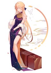Rule 34 | 1girl, absurdres, bare shoulders, blonde hair, bow, breasts, bridal garter, bug, butterfly, champagne flute, china dress, chinese clothes, closed eyes, commission, commissioner upload, cup, dress, drinking glass, evening gown, feather boa, flower, garter straps, girls&#039; frontline, gloves, hair bow, highres, holding, holding cup, holding flower, insect, light smile, long hair, medium breasts, official alternate costume, ots-14 (girls&#039; frontline), ots-14 (sangria succulent) (girls&#039; frontline), pelvic curtain, pfallen, pixiv commission, purple dress, purple gloves, sleeveless, solo, very long hair, weapon case