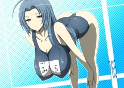 Rule 34 | 1girl, ahoge, ass, bent over, blue eyes, blue hair, blush, breasts, cleavage, covered erect nipples, hanging breasts, huge breasts, idolmaster, idolmaster (classic), long hair, matching hair/eyes, miura azusa, one-piece swimsuit, sagging breasts, school swimsuit, solo, swimsuit, thighs, wakame
