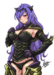 Rule 34 | 1girl, absurdres, airisubaka, armor, blush, breasts, camilla (fire emblem), camilla (fire emblem) (cosplay), cleavage, cosplay, elbow gloves, eyes visible through hair, fire emblem, fire emblem fates, gloves, hair over one eye, highres, horns, iris heart, large breasts, long hair, looking at viewer, neptune (series), nintendo, panties, power symbol, power symbol-shaped pupils, purple hair, red eyes, simple background, solo, symbol-shaped pupils, underwear, very long hair, white background