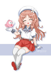 Rule 34 | 1girl, blue sailor collar, brown hair, closed eyes, fish, flower, full body, gloves, grey sailor collar, hair flower, hair ornament, hat, hip vent, kantai collection, long hair, masara (chuujou), one-hour drawing challenge, pleated skirt, puffy short sleeves, puffy sleeves, red skirt, sailor collar, sailor hat, sailor shirt, shirt, short sleeves, sitting, skirt, smile, thighhighs, wavy hair, white gloves, white headwear, white shirt, white thighhighs, yashiro (kancolle)