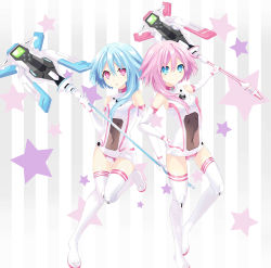 Rule 34 | &gt;:), 10s, 2girls, absurdres, bare shoulders, blue eyes, blue hair, blush, body blush, bodysuit, boots, breasts, choujigen game neptune mk2, covered navel, elbow gloves, gloves, gradient background, hand on own hip, highres, holding, holding staff, knees together feet apart, long hair, looking at viewer, multiple girls, neptune (series), open mouth, pink hair, power symbol, power symbol-shaped pupils, ram (neptunia), ramu-on@ shinon, rom (neptunia), short hair with long locks, siblings, sisters, small breasts, smile, staff, star (symbol), starry background, striped background, striped clothes, striped legwear, striped thighhighs, symbol-shaped pupils, thigh boots, thighhighs, twins, v-shaped eyebrows, vertical stripes, white footwear, white gloves, white legwear, white sister ram, white sister rom