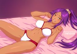 Rule 34 | 1girl, bleach, bra, breasts, burbur, collarbone, commentary, dark skin, dark-skinned female, english commentary, large breasts, long hair, looking at viewer, lying, mixed-language commentary, navel, on back, on bed, panties, parted lips, paw pose, pillow, ponytail, purple hair, shihouin yoruichi, smile, solo, underwear, underwear only, white bra, white panties, yellow eyes