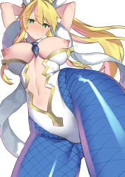 Rule 34 | 1girl, animal ears, armpits, arms behind head, arms up, artoria pendragon (all), artoria pendragon (fate), artoria pendragon (swimsuit ruler) (fate), blonde hair, blue neckwear, blue pantyhose, blush, braid, breasts, breasts out, closed mouth, clothing cutout, detached collar, fake animal ears, fate/grand order, fate (series), feather boa, fishnets, french braid, from below, green eyes, highleg, highleg leotard, large breasts, leotard, long hair, looking at viewer, navel, navel cutout, nipples, no nose, pantyhose, playboy bunny, ponytail, rabbit ears, shayoo, sidelocks, simple background, solo, tiara, white background, white leotard