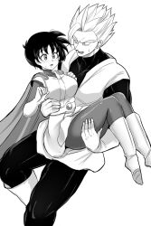 Rule 34 | black hair, blonde hair, blush, breasts, cape, carrying, carrying person, couple, dragon ball, dragonball z, great saiyaman, great saiyaman 2, hero costume, highres, large breasts, looking at another, medium breasts, monochrome, nervous sweating, princess carry, short hair, son gohan, spiked hair, super saiyan, superhero costume, sweat, sweatdrop, tagme, thick thighs, thighs, tomboy, videl