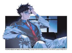 Rule 34 | 1boy, black hair, blue eyes, blue shirt, collared shirt, formal, gloves, hand on own head, holding, holding own hair, jacket, kaitou kid, kidkuroba4869, long sleeves, looking at viewer, magic kaito, male focus, meitantei conan, monocle, necktie, no headwear, pants, red necktie, shirt, sitting, solo, suit, suit jacket, unworn gloves, watermark, white gloves, white jacket, white pants, white suit, window